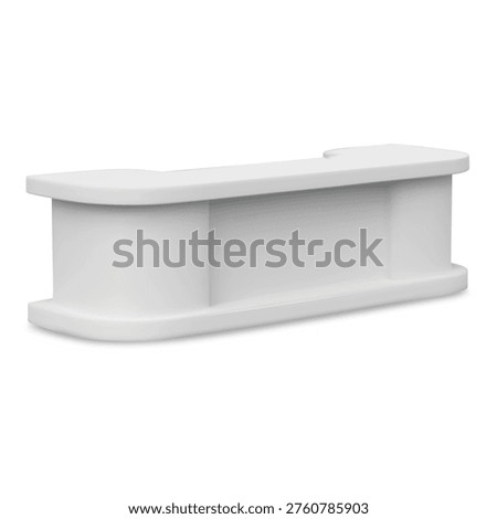 Service desk table 3D mockup. Promotional and advertising counter, presentation stall realistic vector illustration. White table curved rectangle shape with smooth edges. Reception office furniture