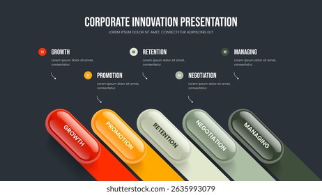 Service Development Five Element Infographic Frame Design. Digital Review 5 Step Diagram Slideshow Layout. Project Profile Presentation Template Vector Illustration.