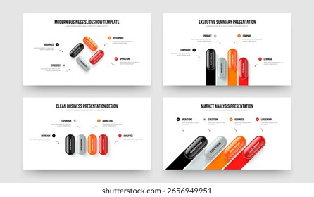 Service Development Four Step Diagram Frame Template Vector Illustration Collection. Investor Briefing 4 Element Infographic Slide Design Set.