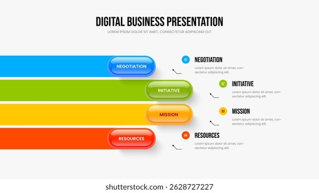 Plantilla de presentación de infografía de cuatro pasos de desarrollo de servicios. Análisis moderno Diseño de marco de diagrama de 4 opciones. Ilustración vectorial de diseño de presentación de diapositivas de Plan Corporativa.