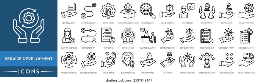 Ícone de desenvolvimento de serviço. Esquema de serviços, jornada do cliente, design de serviços, inovação de produtos-serviços e pesquisa de mercado