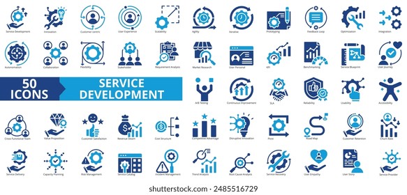 Service development icon collection set. Containing innovation, customer centric, user experience, scalability, agility, iterative, prototyping icon. Simple flat vector.