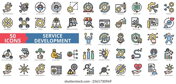 Service development icon collection set. Containing innovation, customer centric, user experience, scalability, agility, iterative, prototyping icon. Simple flat outline vector illustration