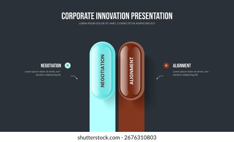 Service Development Two Element Infographic Slideshow Layout. Company Analysis 2 Option Diagram Presentation Template. Visual Innovation Frame Design Vector Illustration.