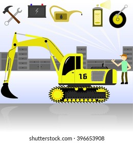 Service and diagnostics excavator.  Detailed vector.