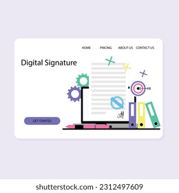 Service of digital signature ans smart contract landing page. Vector illustration. Mobile didgital service, e-commerce web-based, legal online paperwork verification, user identity