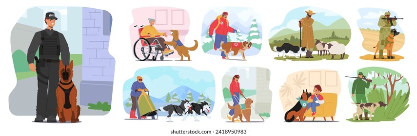 Service Dog Assistance Professions. Canine Animals Aid People With Disabilities, Offering Support In Tasks Like Guiding The Visually Impaired Or Providing Emotional Assistance. Cartoon Vector Set