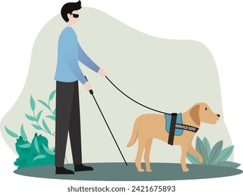 service dog directs blind man to walk, blind guy with dog guide walking in the park vector illustration, people with disabilities svg