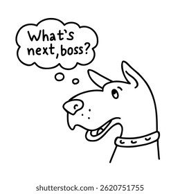 Service dog vector sketch in a cartoonish manner. Hand drawn black and white doodle-style illustration of a strong smooth-haired dog. Perfect for design projects, stickers, or children's content.