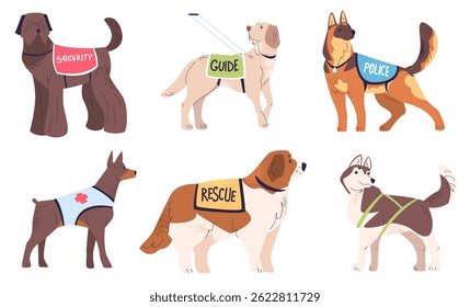 Service dogs. Dogs assistants guide pet on leash, trained security medical therapy lifeguard rescuer services assistant animal work doggy in vest cartoon classy vector illustration original artwork