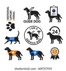 Service dogs and Emotional Support Animals signs, icons.