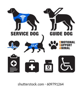 Service dogs and emotional support animal`s emblems with health care related icons