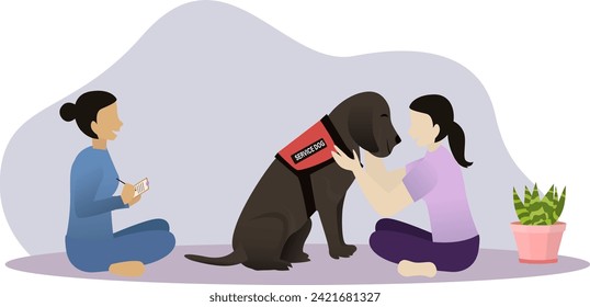 service dogs help improve the mental state of patients with mental breakdowns, service dog helps patient fix her mental health vector illustration, medical healthcare