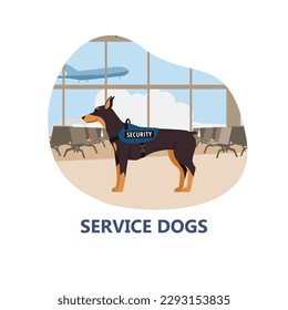 Service dogs for security and police services banner or poster template, flat vector illustration isolated on white background. Search or bloodhound beard dogs.