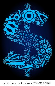 Service dollar mosaic of service tools on a dark blue gradient background. Vector dollar is designed of blue cogs, spanners, and other tools, and based on dollar icon.