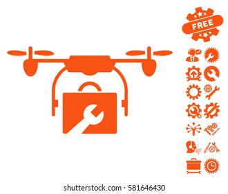 Service Drone icon with bonus setup tools images. Vector illustration style is flat iconic orange symbols on white background.