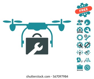 Service Drone icon with bonus tools pictograms. Vector illustration style is flat iconic soft blue symbols on white background.