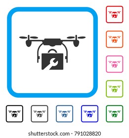 Service Drone icon. Flat grey iconic symbol inside a light blue rounded rectangular frame. Black, gray, green, blue, red, orange color additional versions of Service Drone vector.