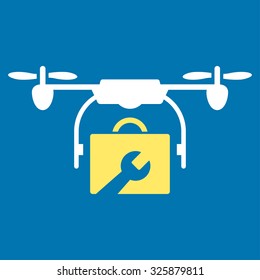 Service Drone vector icon. Style is bicolor flat symbol, yellow and white colors, rounded angles, blue background.