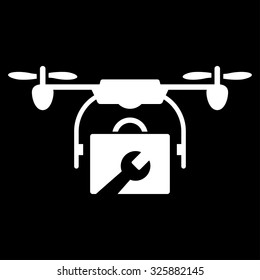 Service Drone vector icon. Style is flat symbol, white color, rounded angles, black background.