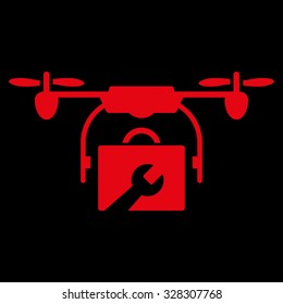Service Drone vector icon. Style is flat symbol, red color, rounded angles, black background.