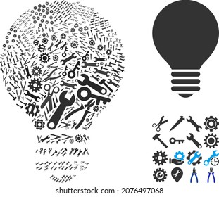 Collage de la bombilla eléctrica de servicio de herramientas de servicio. La bombilla eléctrica vectorial se organiza con ruedas de engranajes, palancas y otras herramientas, y se basa en el icono de la bombilla eléctrica. Concepto de compañía mecánica.