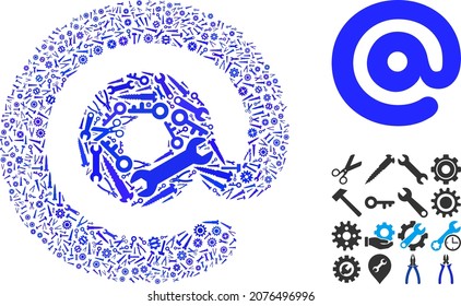 Service email symbol composition of service tools. Vector email symbol is constructed from gear wheels, spanners, and other instruments, and based on email symbol icon. Concept of industrial service.