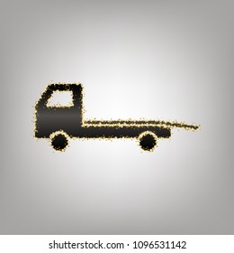 Service of evacuation sign. Wrecking car side. Car evacuator. Vehicle towing. Vector. Blackish icon with golden stars at grayish background.