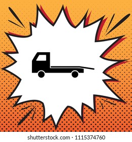 Service of evacuation sign. Wrecking car side. Car evacuator. Vehicle towing. Vector. Comics style icon on pop-art background.