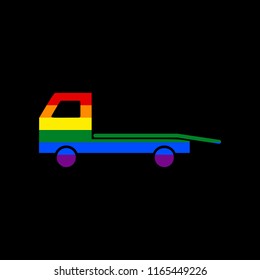 Service of evacuation sign. Wrecking car side. Car evacuator. Vehicle towing. Vector. Icon with colors of LGBT flag at black background.