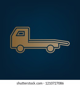 Service of evacuation sign. Wrecking car side. Car evacuator. Vehicle towing. Vector. Golden icon and border at dark cyan background.