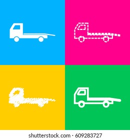 Service of evacuation sign. Wrecking car side. Car evacuator. Vehicle towing. Four styles of icon on four color squares.