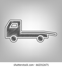 Service of evacuation sign. Wrecking car side. Car evacuator. Vehicle towing. Vector. Pencil sketch imitation. Dark gray scribble icon with dark gray outer contour at gray background.