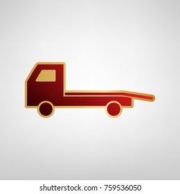 Service of evacuation sign. Wrecking car side. Car evacuator. Vehicle towing. Vector. Red icon on gold sticker at light gray background.