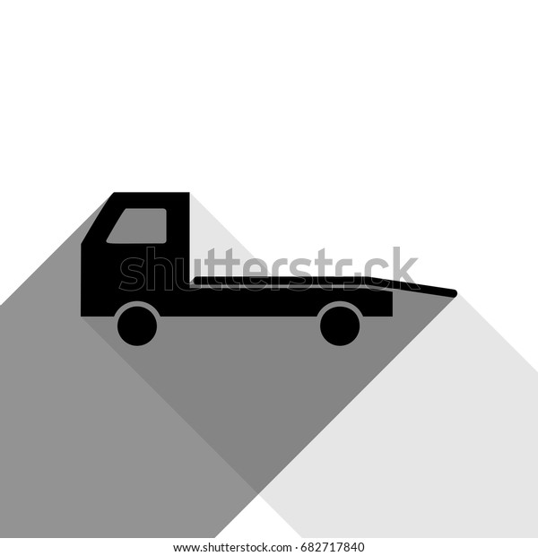 Service of evacuation sign. Wrecking car\
side. Car evacuator. Vehicle towing. Vector. Black icon with two\
flat gray shadows on white\
background.
