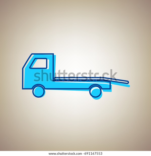 Service of evacuation sign. Wrecking car\
side. Car evacuator. Vehicle towing. Vector. Sky blue icon with\
defected blue contour on beige\
background.