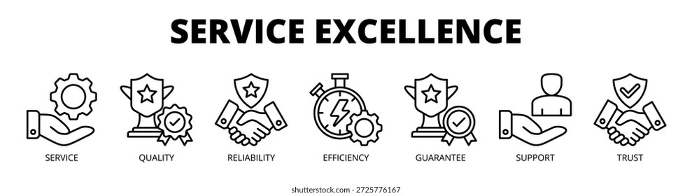 Service excellence web banner icon vector illustration concept for service quality with icon of service, quality, reliability, efficiency, guarantee, support, and trust.