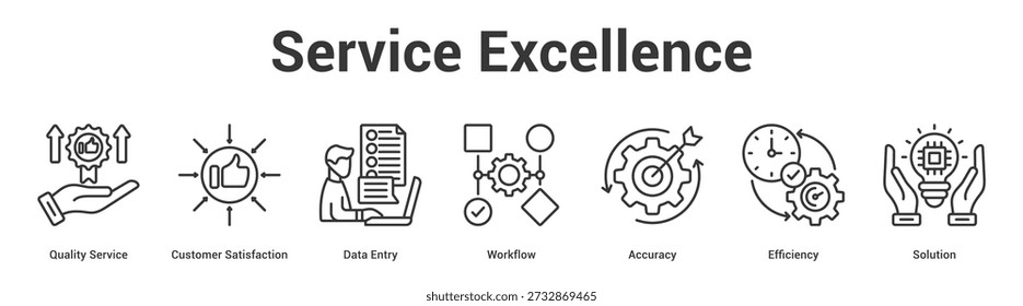 Service Excellence web banner icon set vector illustration concept for business with icon of Quality Service, Customer Satisfaction, Data Entry, Workflow, Accura.