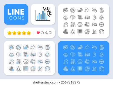 Service, Face id and Cloud protection line icons for web app. Message, Share, Like social media icons. Pack of Coronavirus, World planet, Coronavirus statistics pictogram icons. Vector