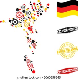 Service Faroe Islands map mosaic and seals. Vector collage is created from service elements in various sizes, and German flag official colors - red, yellow, black.