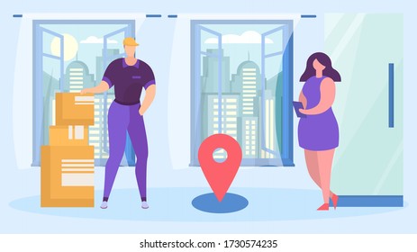 service fast delivery, box package. shipment goods to house by courier, onlain shop business, cartoon style vector illustration. Man in cap brought boxes to apartment young woman, express traffic