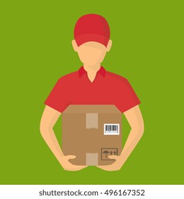 Service of fast delivery. Express delivery courier service. Man courier with box in his hands. Vector illustration