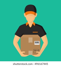 Service of fast delivery. Express delivery courier service. Man courier with box in his hands. Vector illustration