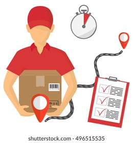 Service of fast delivery. Express delivery courier service. Man courier with box in his hands. Vector illustration