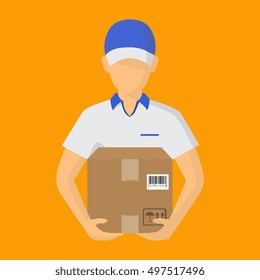 Service of fast delivery. Express delivery courier service. Man courier with box in his hands. Vector illustration