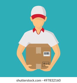 Service of fast delivery. Express delivery courier service. Man courier with box in his hands. Vector illustration