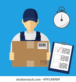 Service of fast delivery. Express delivery courier service. Man courier with box in his hands. Vector illutration