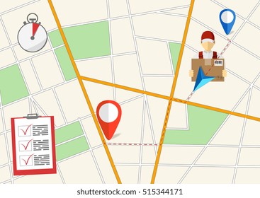 Service of fast delivery. Express delivery courier service. Man courier with box in his hands. Vector illutration