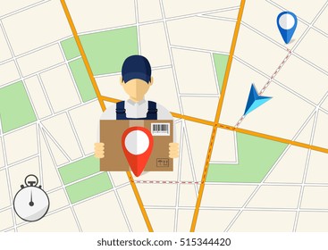 Service of fast delivery. Express delivery courier service. Man courier with box in his hands. Vector illutration