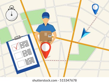 Service of fast delivery. Express delivery courier service. Man courier with box in his hands. Vector illutration